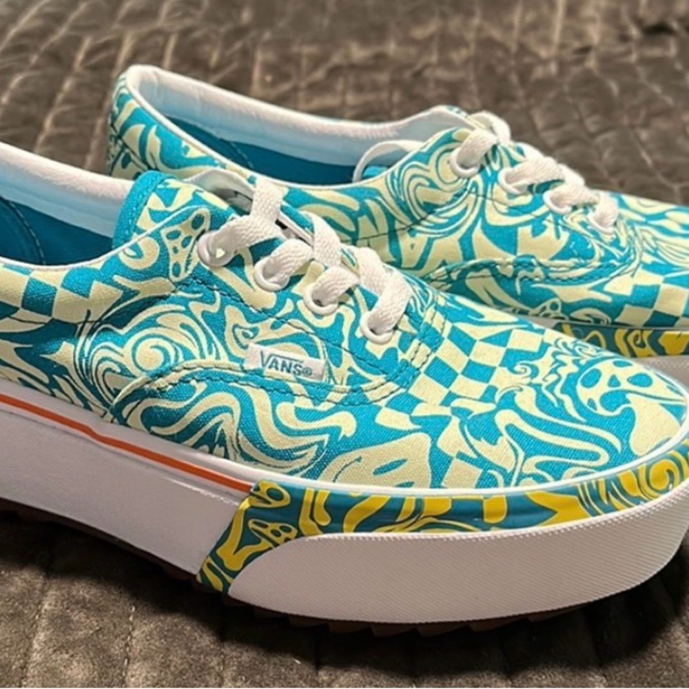 Vans Women's Platform Shoes - Blue and Yellow Pattern